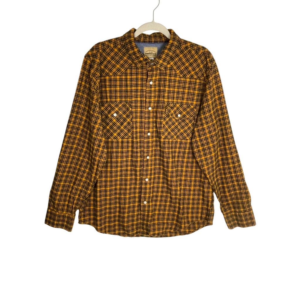 Roebuck & Co Size XL Flannel Shirt Yellow Black Plaid Western Workwear